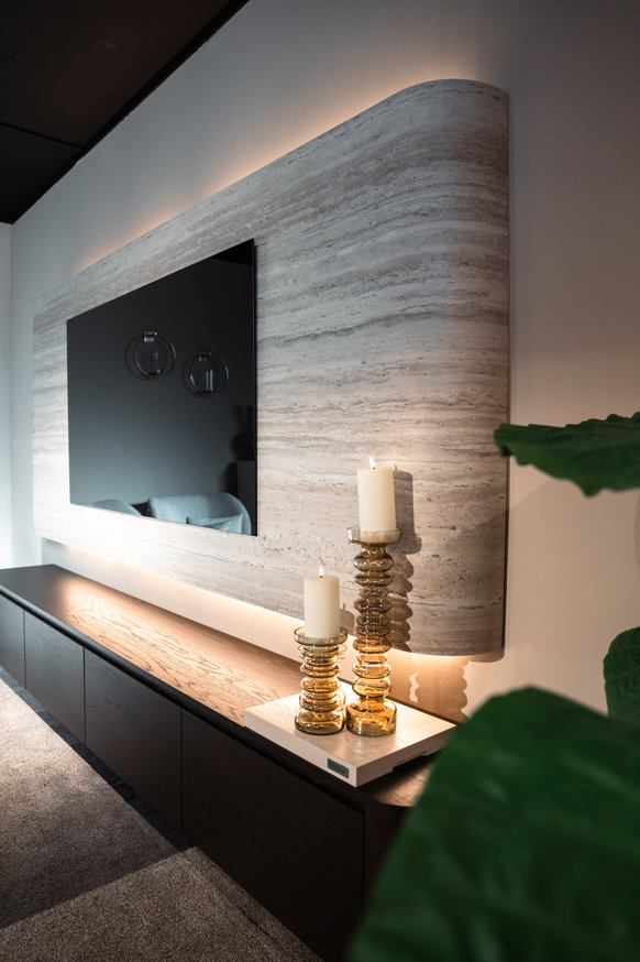 Travertin	Melamine TV-paneel Afgeronde	Hoeken