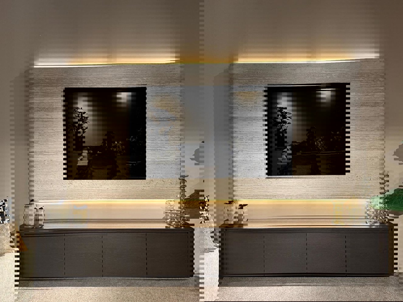 Travertin	Melamine TV-paneel Afgeronde	Hoeken